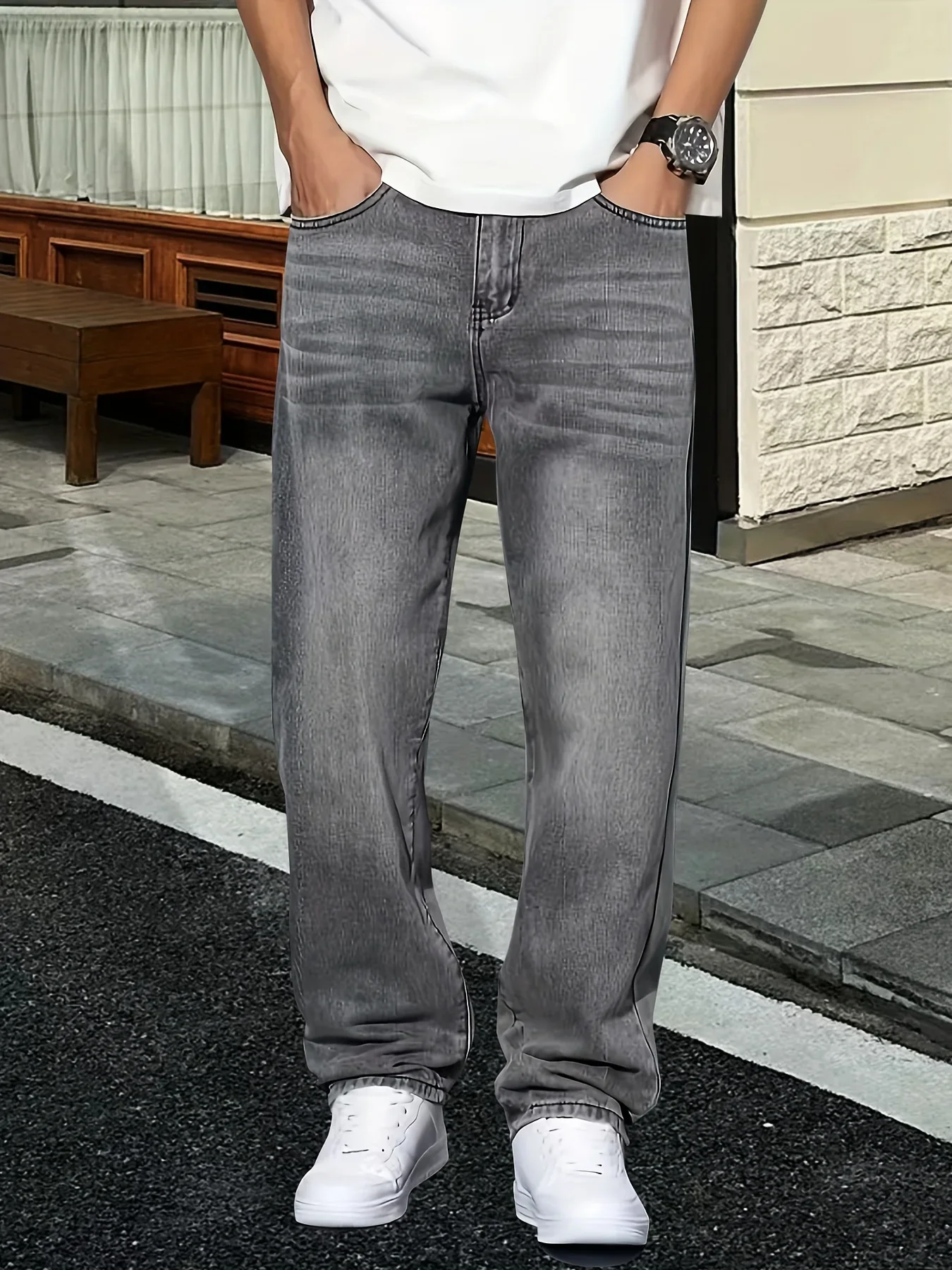 Men'S Fashion Grey Jeans - Jeans gris pour homme, style décontracté,