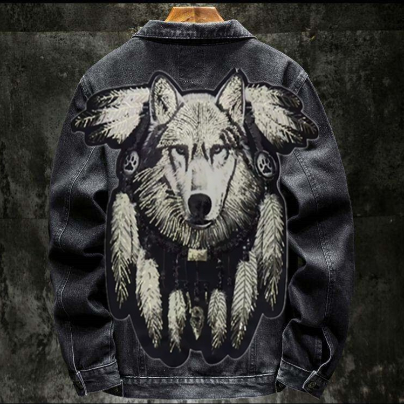 Mens Fashion Denim Jacket - Amérique Vintage loup lourd brodé Patch